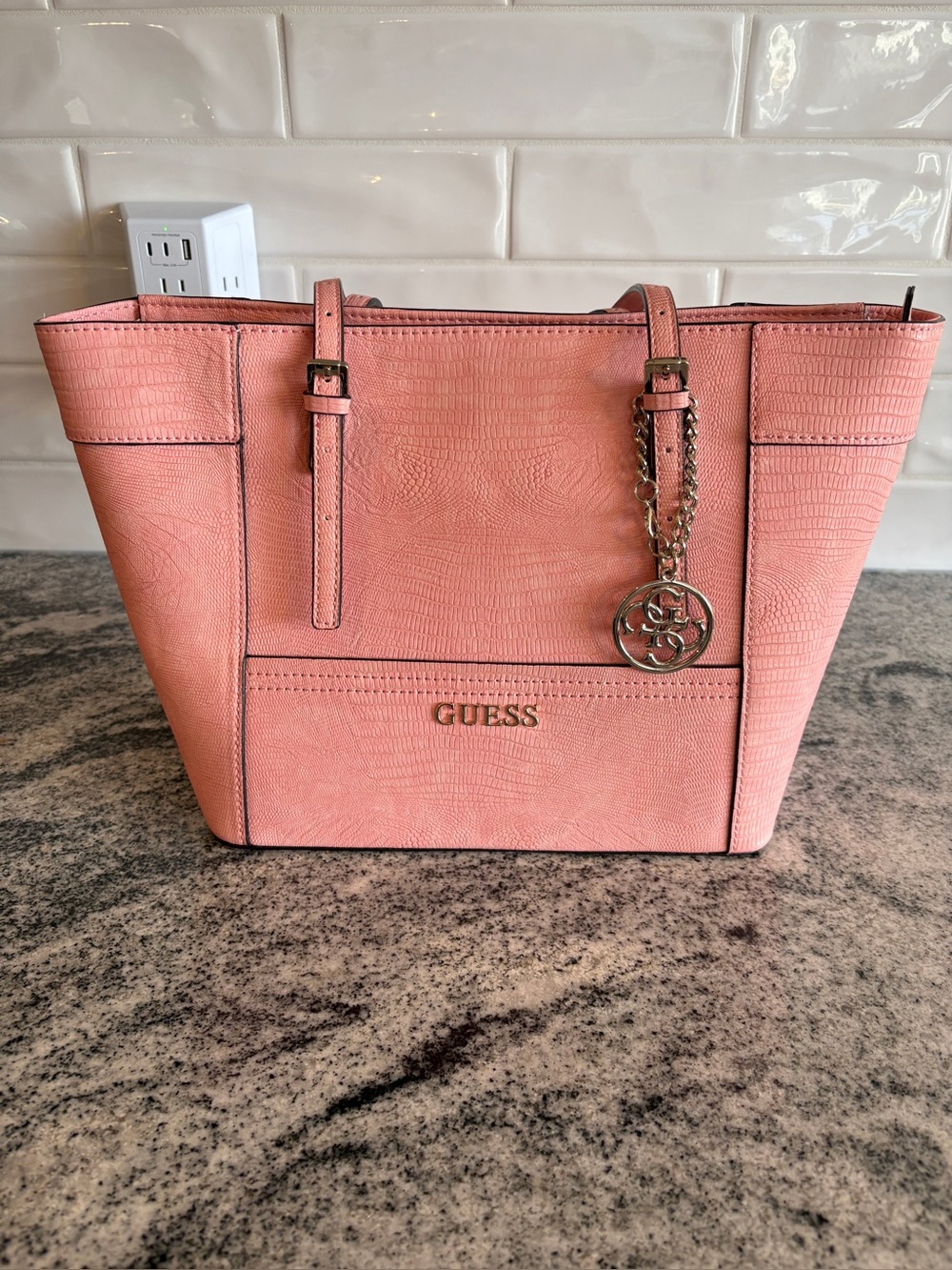 GUESS Pink Textured Tote with Gold Charm